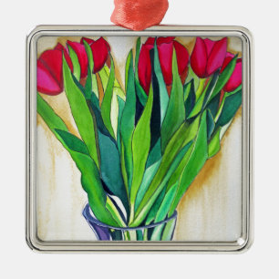 Ornement Carré Argenté tulipe rose et rouge aquarelle art