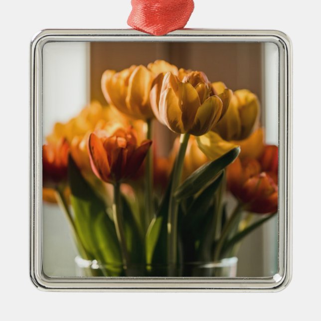 Ornement Carré Argenté Tulipes Fleurs orange (Devant)
