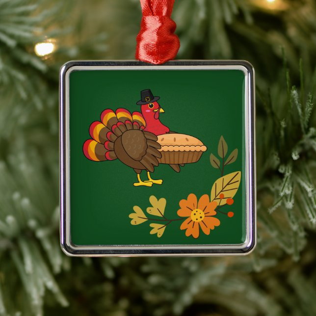 Ornement Carré Argenté Turquie mignonne avec tarte Citrouille Thanksgivin (Arbre)