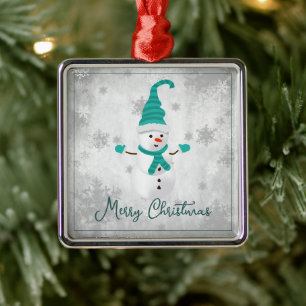 Ornement Carré Argenté Turquoise Mignonne Snowman