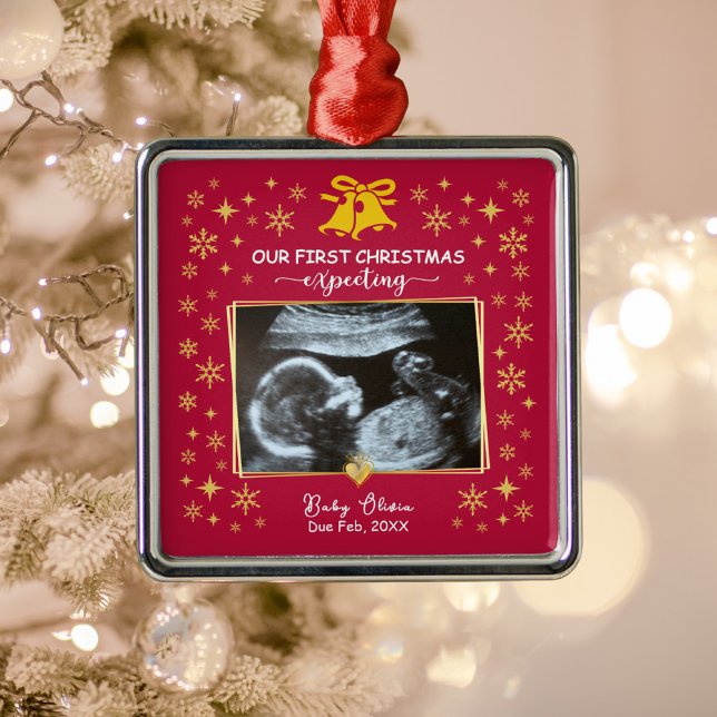 Ornement Carré Argenté Ultrasons d'or photo 1er Noël Attente Keepsaké (Gold Ultrasound photo 1st xmas expecting metal ornament)