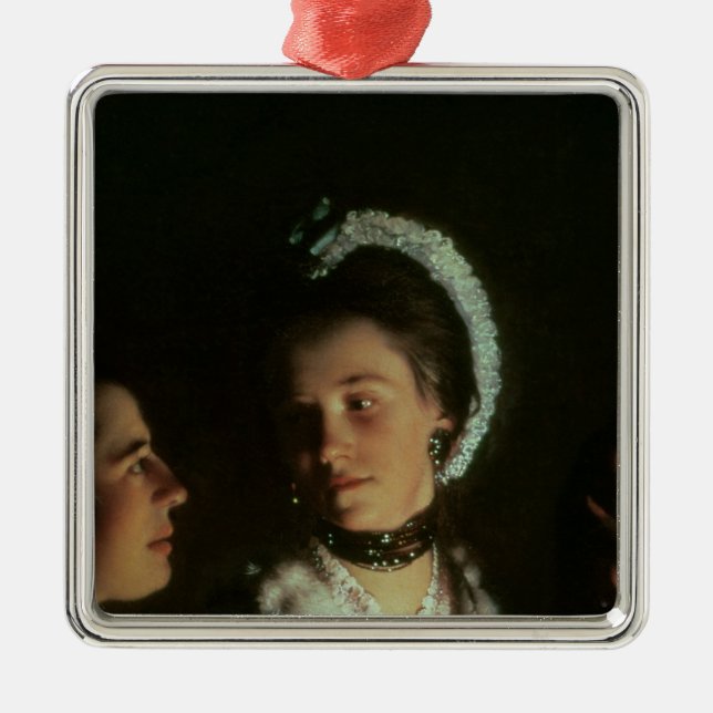 Ornement Carré Argenté Une expérience sur un oiseau dans le compresseur, (Devant)