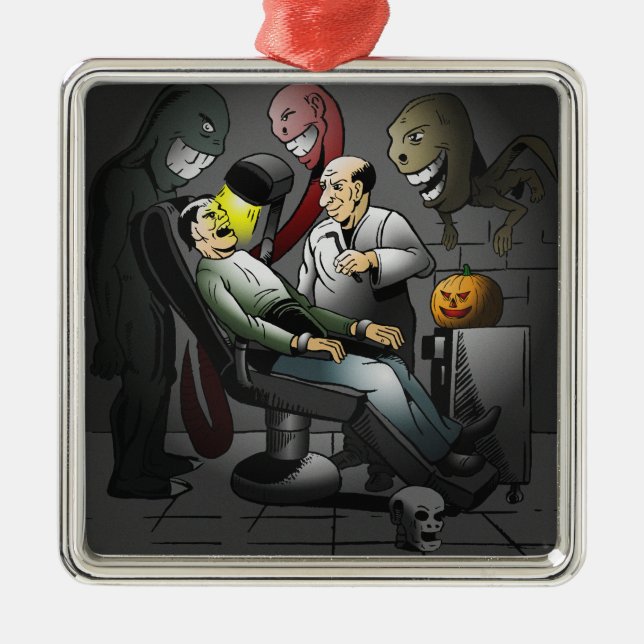 Ornement Carré Argenté Une nuit d'Halloween chez le dentiste (Devant)
