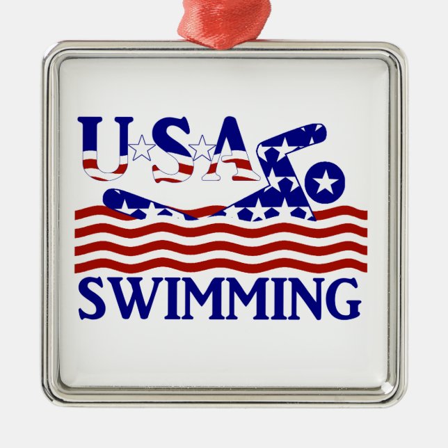 Ornement Carré Argenté USA Patriotique Sports de natation (Devant)