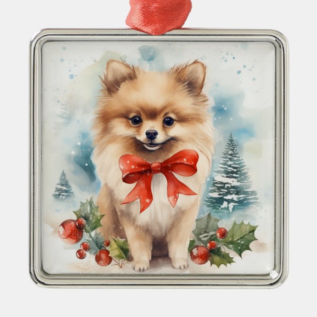 ORNEMENT CARRÉ ARGENTÉ VACANCES ADORABLES NOËL POMERANIAN PUPPY (Devant)