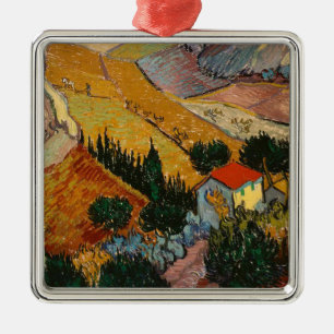 Ornement Carré Argenté Van Gogh Landscape with House and Ploughman
