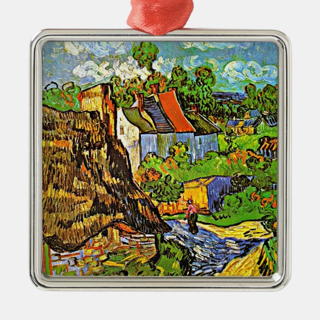 Ornement Carré Argenté Van Gogh - Maisons à Auvers, célèbre peinture, (Devant)