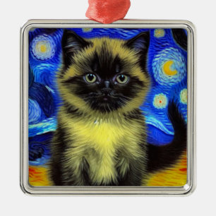 Ornement Carré Argenté Van Gogh Starry Nuit Siamese Cat
