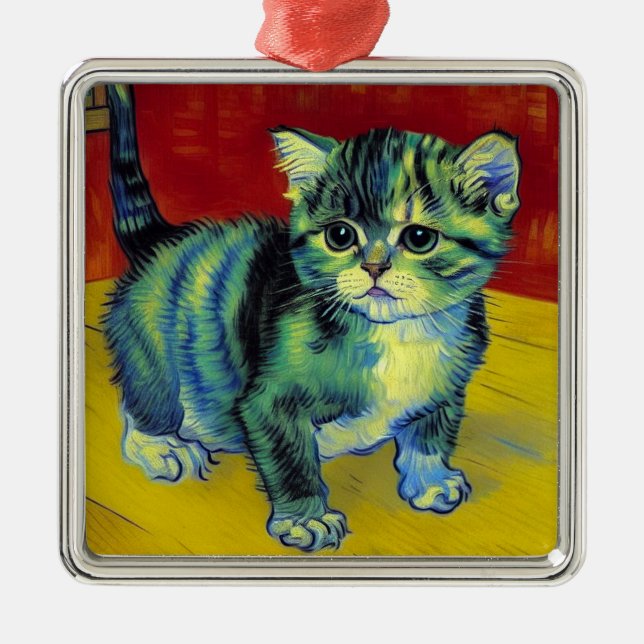Ornement Carré Argenté Van Gogh Tabby Cat (Devant)