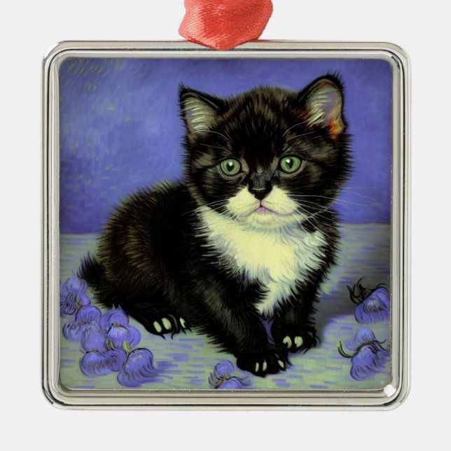 Ornement Carré Argenté Van Gogh Tuxedo Kitten (Devant)