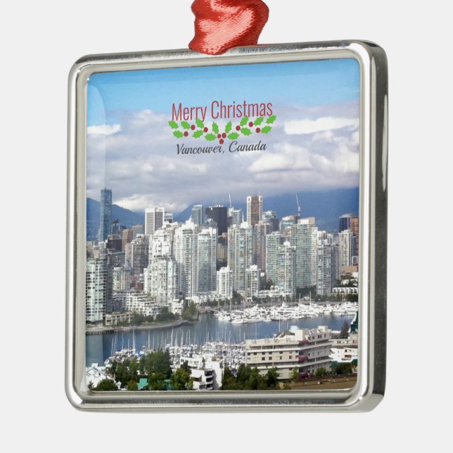 Ornement Carré Argenté Vancouver Canada Skyline, Joyeux Noël, (Gauche)