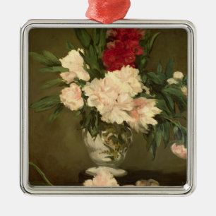Ornement Carré Argenté Vase à Manet de pivoines sur un petit piédesta