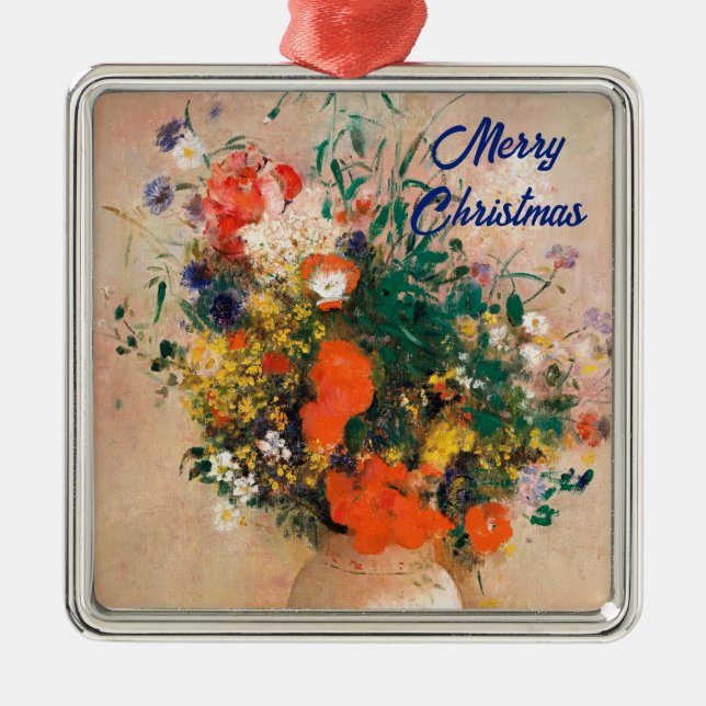 Ornement Carré Argenté Vase des fleurs de Redon Joyeux Noël (Devant)
