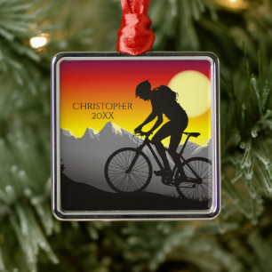 Ornement Carré Argenté Vélo de montagne personnalisé Noël