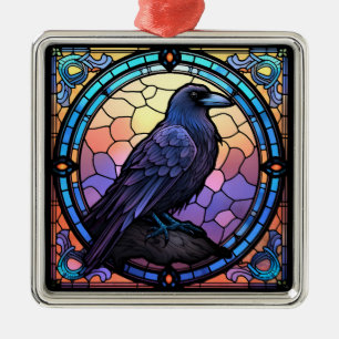 Ornement Carré Argenté Verre Éffrayant Raven