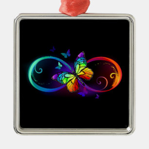 Ornement Carré Argenté Vibrant infinity with rainbow butterfly on black