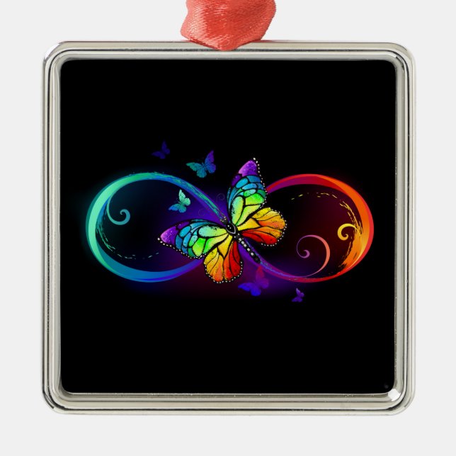 Ornement Carré Argenté Vibrant infinity with rainbow butterfly on black (Devant)