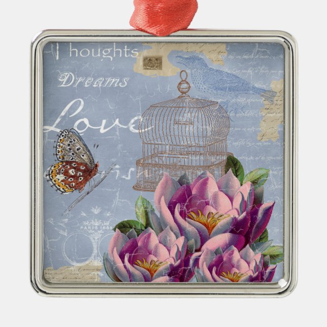 Ornement Carré Argenté Victorian Love Thoughts Dreams Butterfly Bird Cage (Devant)