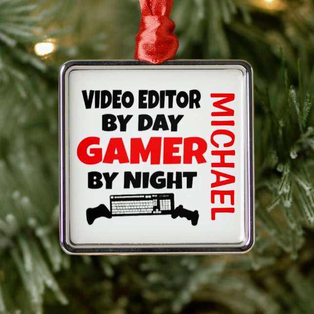 Ornement Carré Argenté Video Editor aime jouer aux jeux vidéo (Arbre)