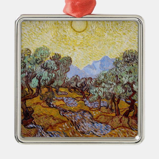 Ornement Carré Argenté Vincent van Gogh - Oliviers, Ciel Jaune et Soleil (Devant)