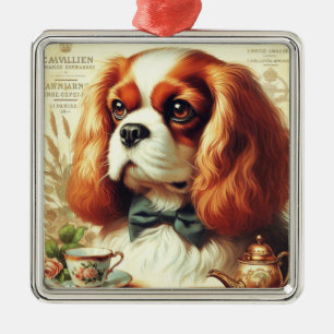 Ornement Carré Argenté Vintage Cavalier King Charles Peinture espagnole