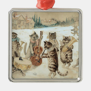 Ornement Carré Argenté Vintage Chat Noël Carol Louis Wain Art