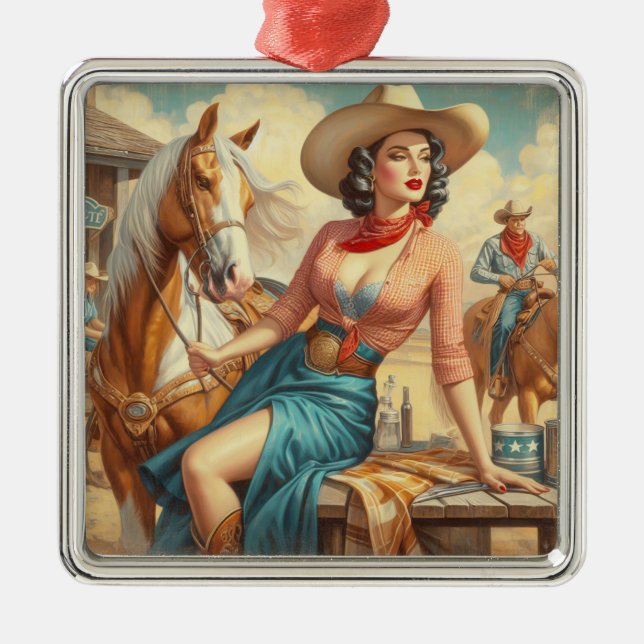 Ornement Carré Argenté Vintage Cowgirl (Devant)