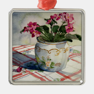 Ornement Carré Argenté Violets africains en pot bleu en 1790