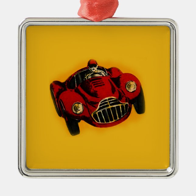 Ornement Carré Argenté Voiture de course automobile jaune rouge (Devant)