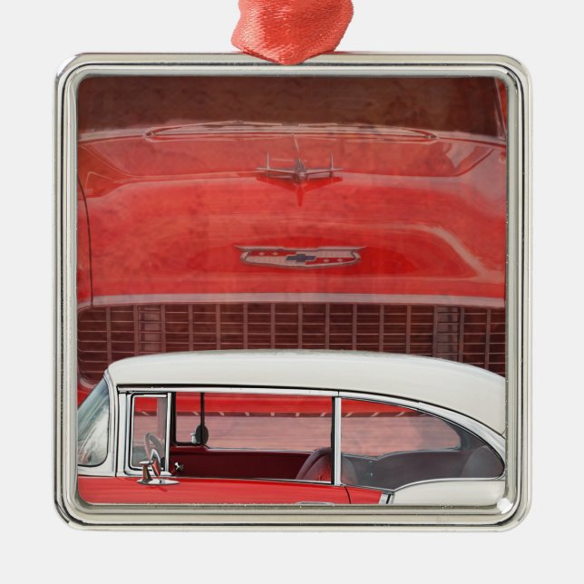 Ornement Carré Argenté Voitures classiques Chevy Bel Air Dodge Rouge Blan (Devant)