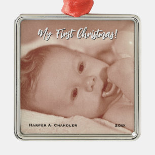 Ornement Carré Argenté Votre texte et photo de bébé Mon premier Noël