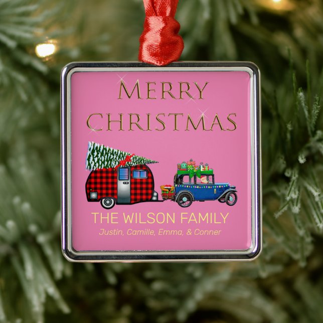 Ornement Carré Argenté Voyage de Noël en voiture rose Santa (Arbre)