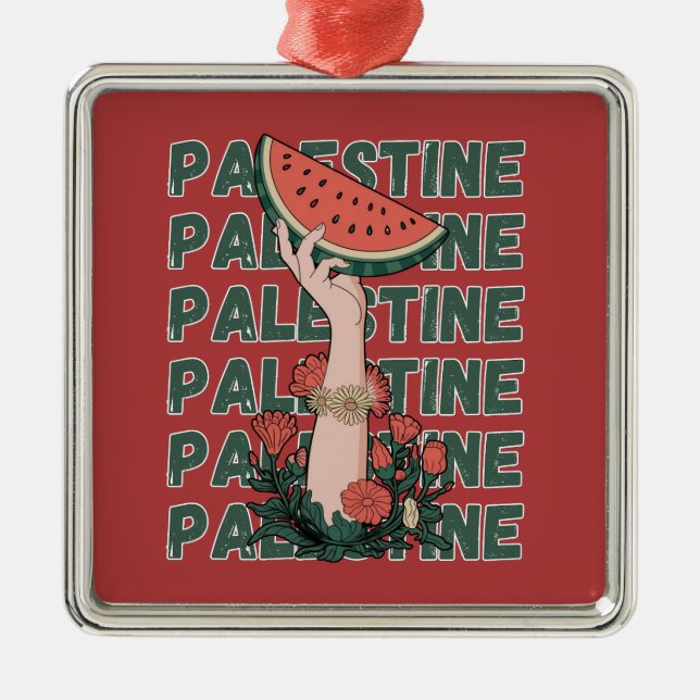 Ornement Carré Argenté watermelon, flowers, and  palestine text Repeat  (Devant)