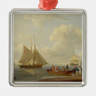 Ornement Carré Argenté Wherry portant des passagers à deux a ancré le P