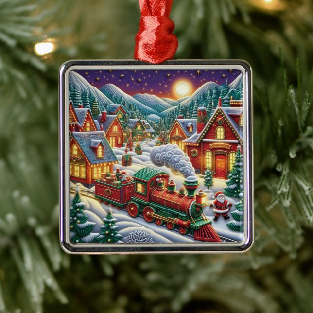 Ornement Carré Argenté Whimsical Christmas Village Santa & Train Ornament (Arbre)
