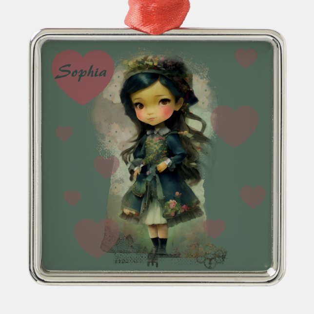 Ornement Carré Argenté Whimsical Kawaii Fairy Tale Girl (Devant)