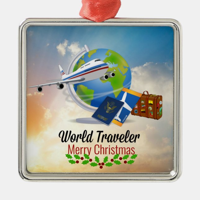 Ornement Carré Argenté World Traveller, Joyeux Noël, (Devant)