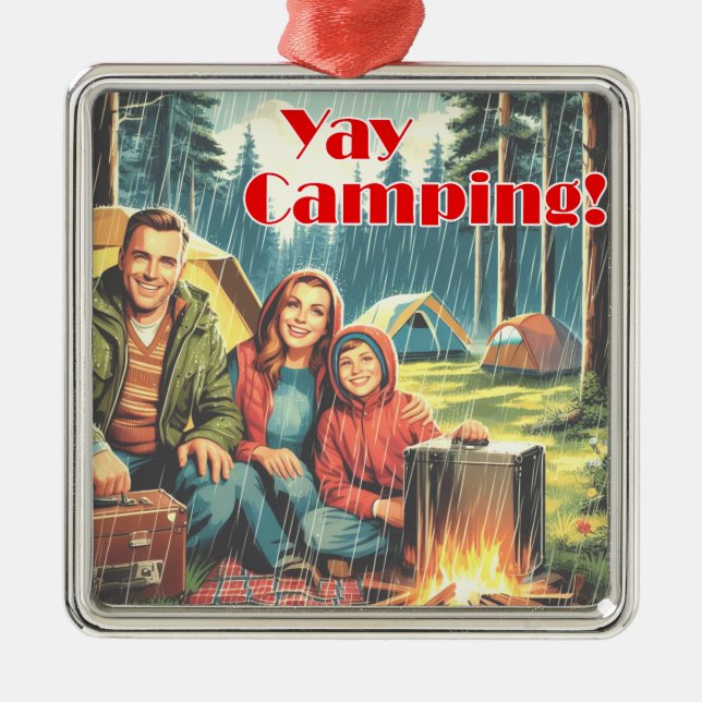 Ornement Carré Argenté Yay Camping Dans La Pluie (Devant)