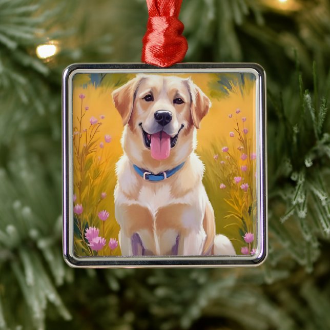 Ornement Carré Argenté Yellow Lab | Dog Painting Labrador Retriever (Arbre)