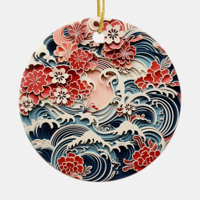 Ornement Chiyogami bleu et rouge (Devant)
