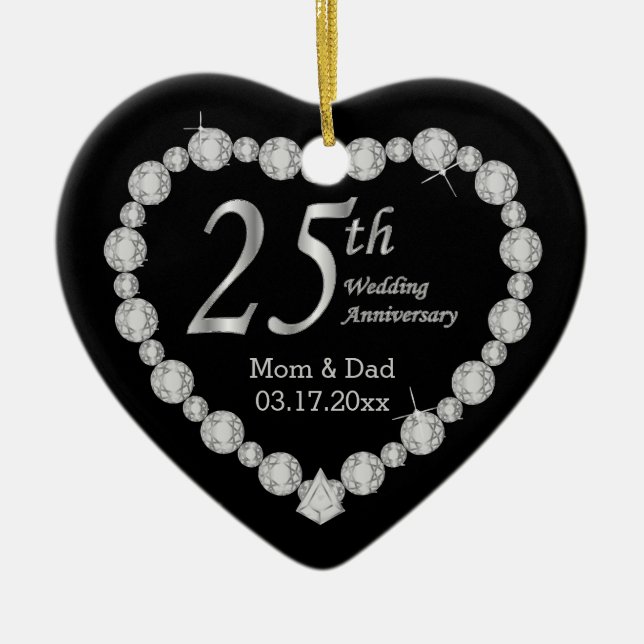 Ornement Cœur En Céramique 25e anniversaire Mariage d'argent Méménite Design (Devant)