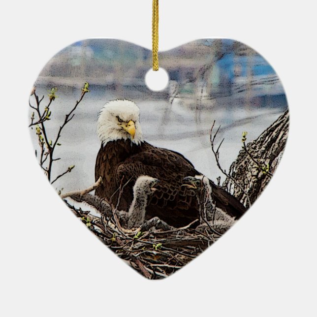 Ornement Cœur En Céramique Aigle de Bald avec aigle (Dos)