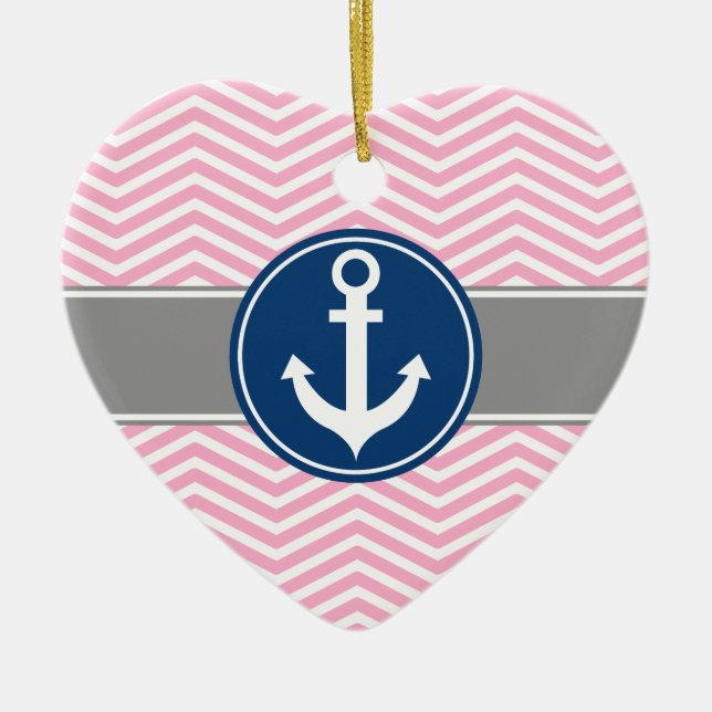 Ornement Cœur En Céramique Ancre nautique rose Chevron (Devant)