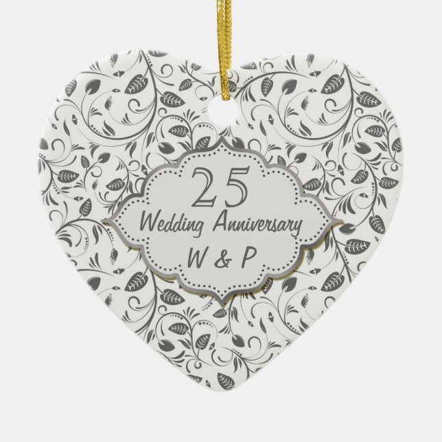 Ornement Cœur En Céramique Anniversaire de mariage de feuille d'argent 25ème (Devant)