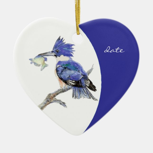 Ornement Cœur En Céramique Aquarelle Kingfisher sur mesure (Devant)