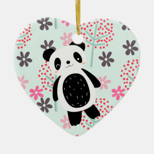 Ornement Cœur En Céramique Arbres, fleurs et ours de panda