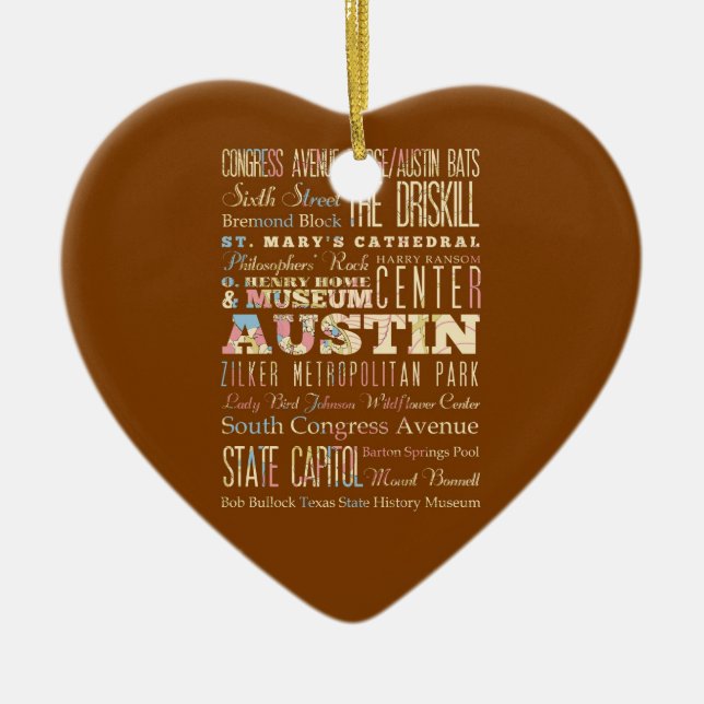 Ornement Cœur En Céramique Attractions et endroits célèbres d'Austin, le (Devant)