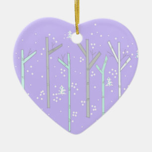 Ornement Cœur En Céramique Birch Treks with Falling Snow