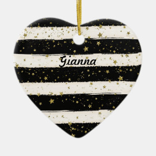 Ornement Cœur En Céramique Black White Aquarelle rayures Gold Parties scintil
