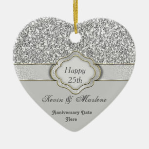 Ornement Cœur En Céramique BLING Silver PERSONNALISÉ 25e ANNIVERSAIRE CADEAU 